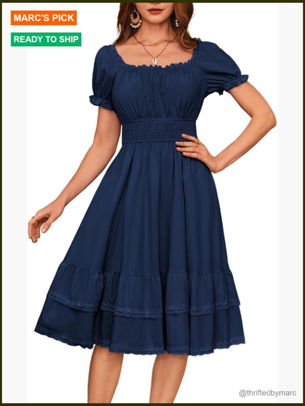 Square Neck Puff Sleeve Midi Dress with Smocked Waist and Pockets